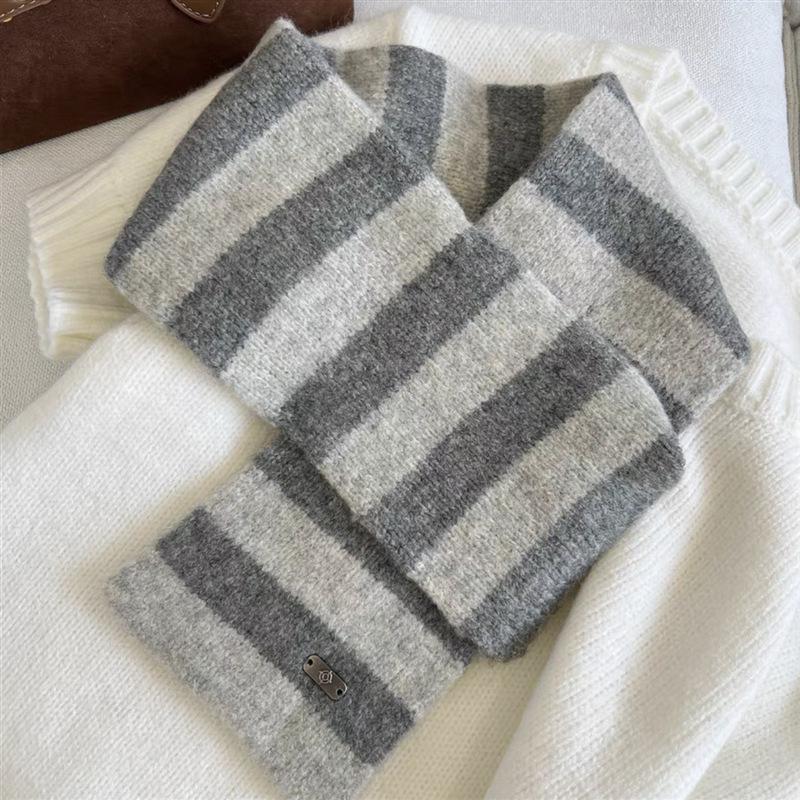 

Korean Style Autumn and Winter White Two Color Striped Scarf Women s Wool Striped Cross Scarf Decoration and Warmth
