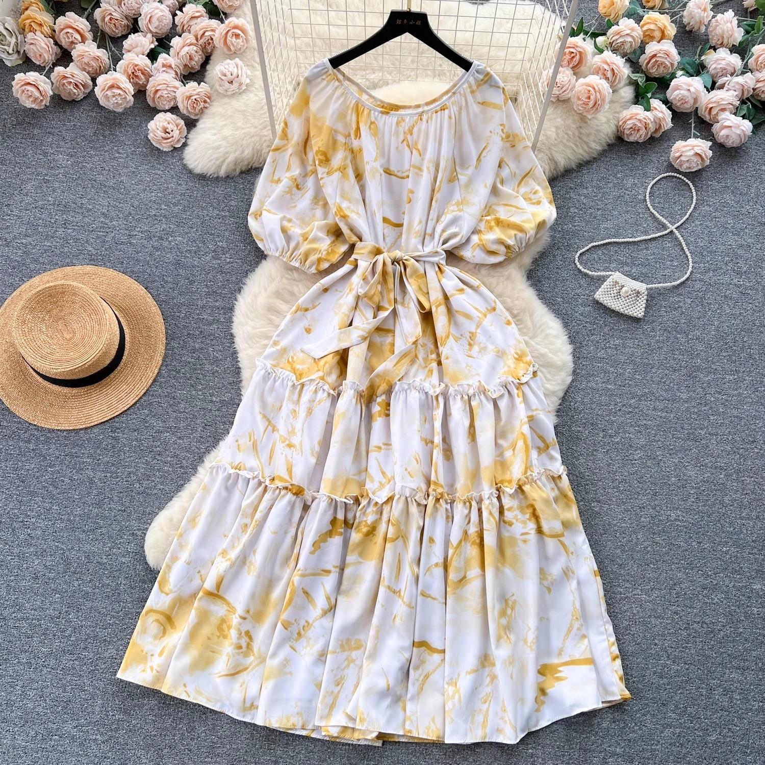 

Стиль знаменитостей с короткими рукавами и принтом, длинное платье трапециевидной формы с рюшами и краями, летнее платье One Size жёлтый