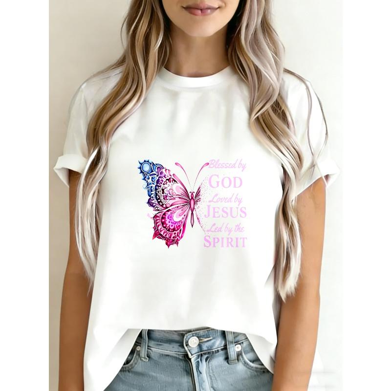 Tricou Alb Cu Fluture Și Text Religios Binecuvântat de Dumnezeu Iubit de Iisus Condus de Duh Pentru Purtare Casual