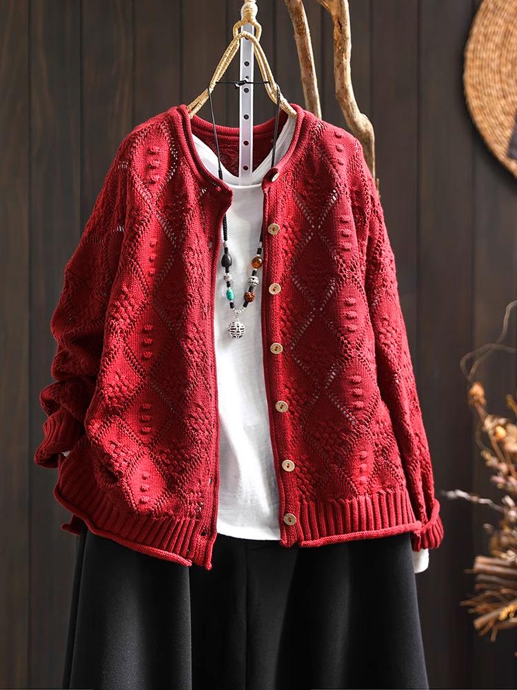 

Вязаный кардиган с круглым вырезом и ромбовидным узором на осень 2025 года - Свободный повседневный свитер с длинным рукавом Red Style