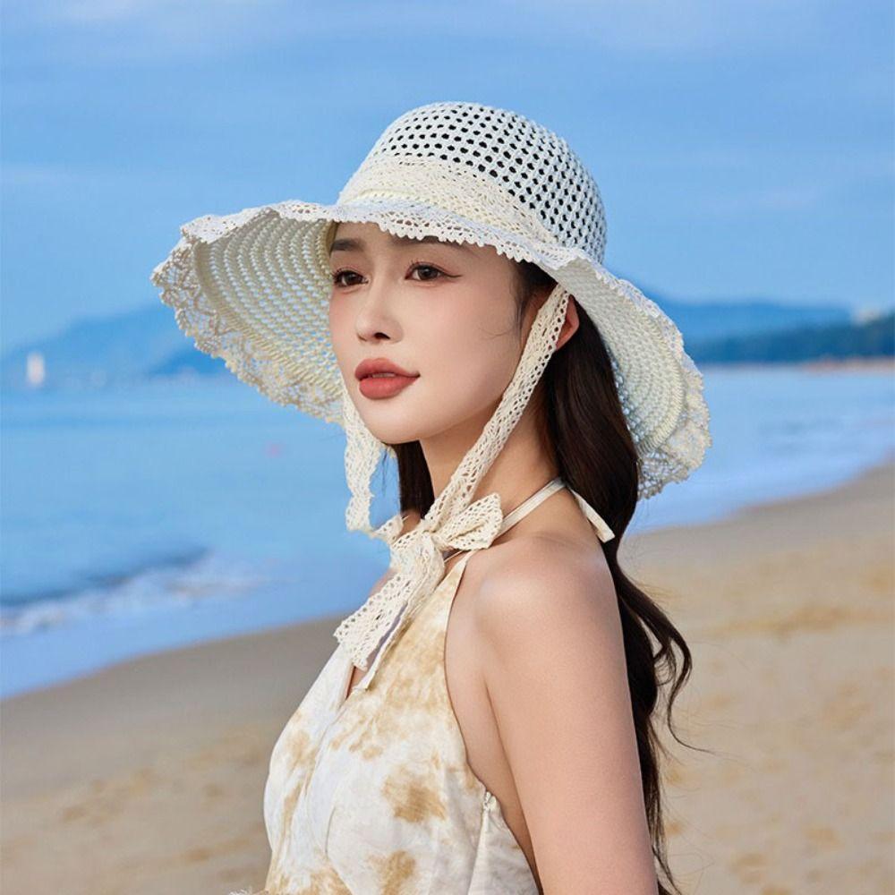 Breathable Women Straw Hat Large Brim UV Protection Cap Fashion Lace Tied Sun Hat  Summer