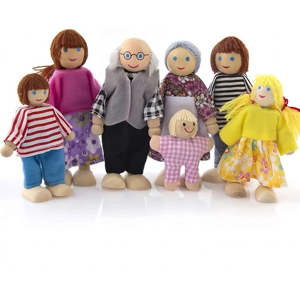 Quikaboo Wooden Doll Family Set 7 Figures Educational Toy for Dollhouse