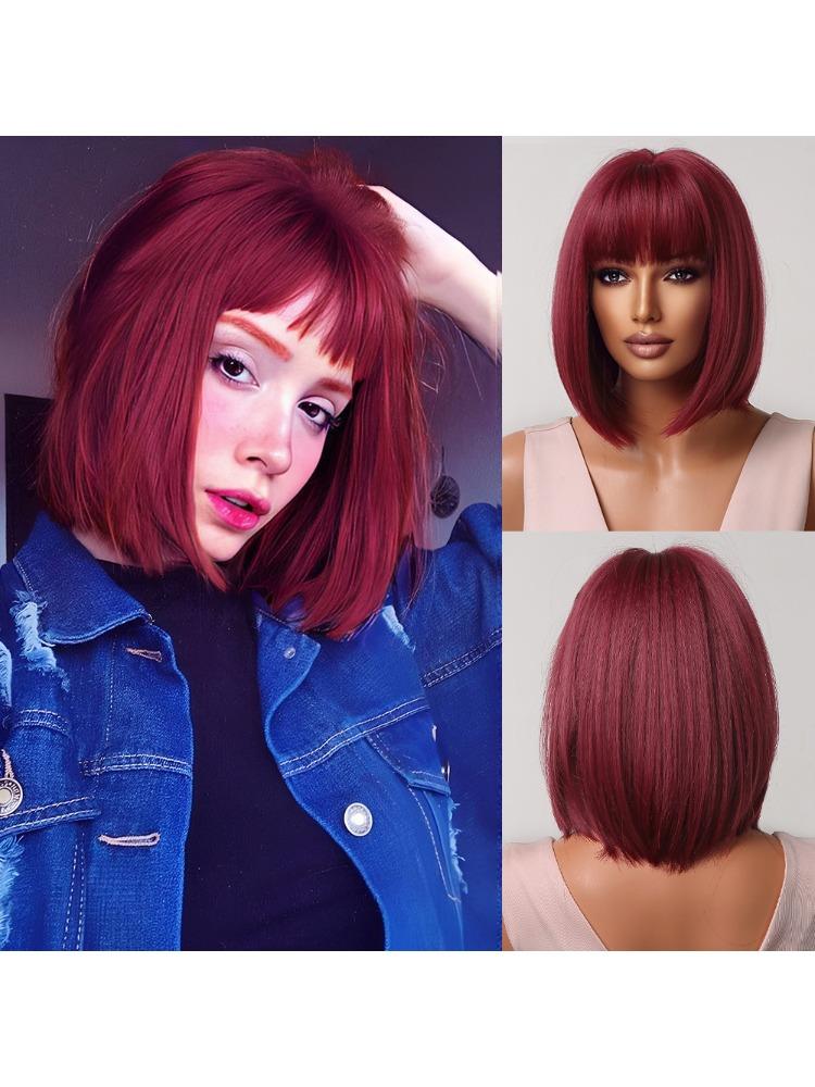 Short Straight Bob Hair Synthetic Wigs for Women Brown Straight Natural Wigs ярко-розовый