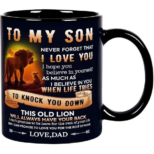 Fatbaby Birthday Coffee Mug Gifts for Son From Dad,Dad To My Son Gifts for Christmas Thanksgiving Farewell,Male Lion Black Tea Cup 11OZ To My Son