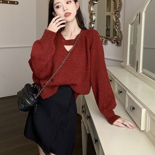Přizpůsobený dutý design Pletený svetr s dlouhým rukávem Ženy Podzim/Zima Korejský krátký volný svetr Dámské topy