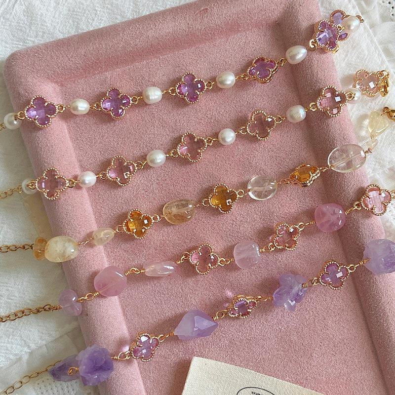 Pink Four-leaf Flower Bracelet Freshwater Pearl Natural Crystal Bracelet, Sweet Internet Celebrity Small Fragrance Citrine Bracelet.