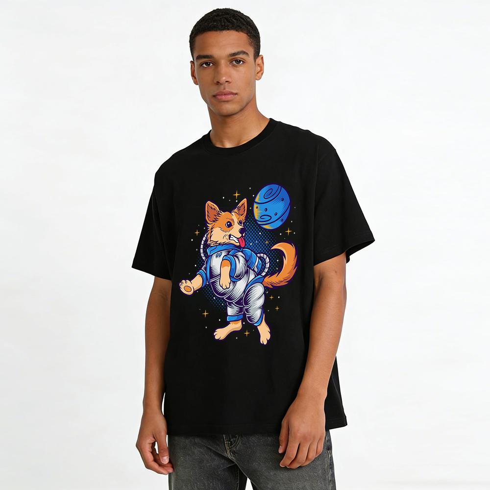 Astronaut Corgi Print Casual Short Sleeve T-Shirt Pure cotton T-shirt