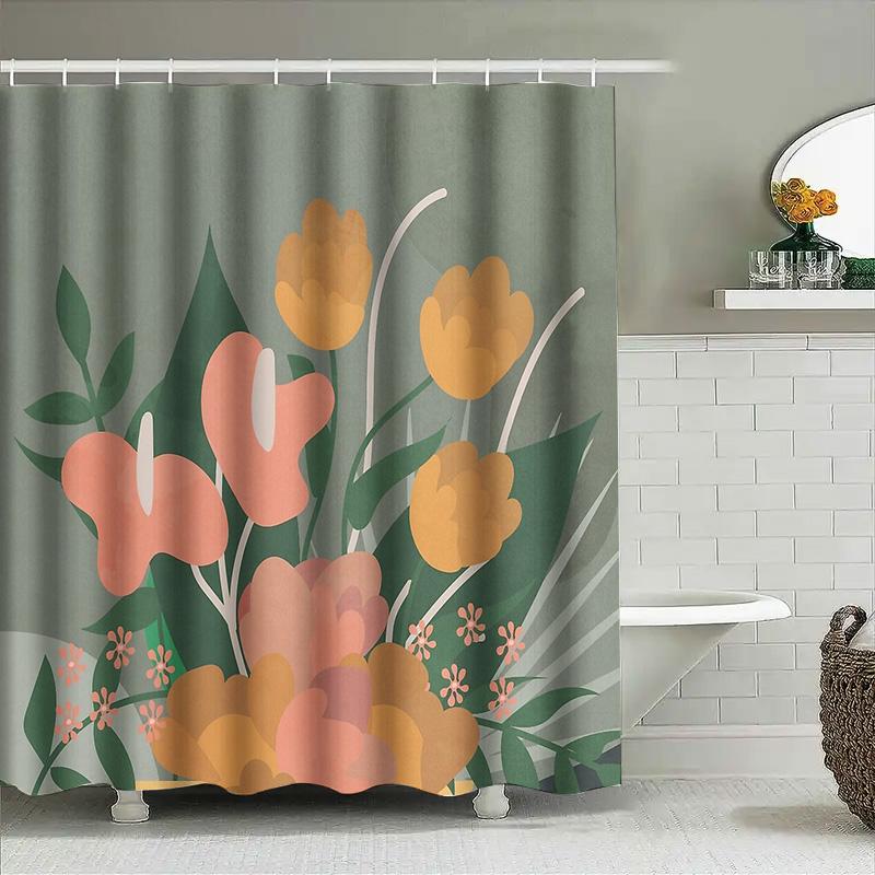 Floral Shower Curtain Botanical Pattern Bathroom Decor Nature Theme Waterproof Fabric Backdrop Modern Artistic Design Home Texti