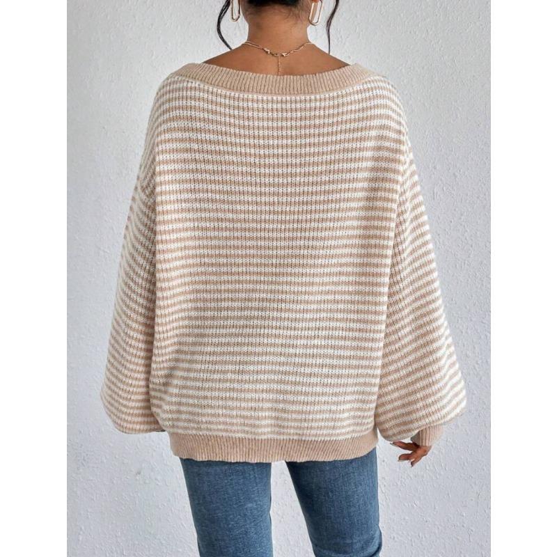 Loose Fit Striped Off Shoulder Lantern Sleeve Pullover Sweater