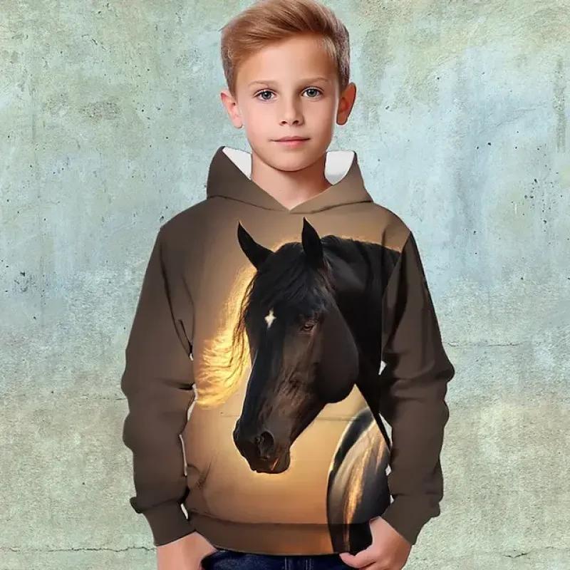 

Толстовка с 3D графикой животных и лошадью для мальчиков, толстовка с длинными рукавами и 3D принтом, осенне-зимняя модная уличная одежда, крутая полиэстеровая одежда для детей 4–14 лет 160CM