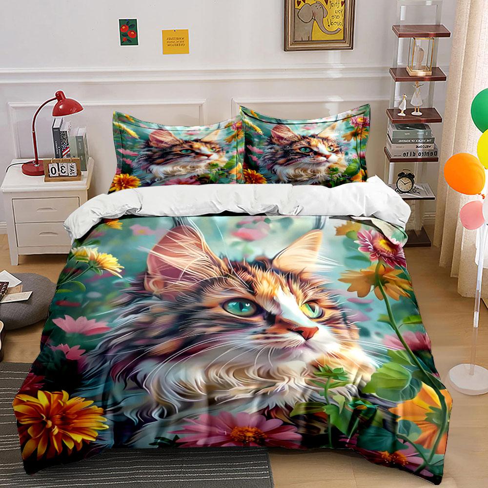 Floral Cat Art Decor Set Soft Skin-Friendly Bedding Set Includes 1 Duvet Cover And 2 Pillowcase Gift