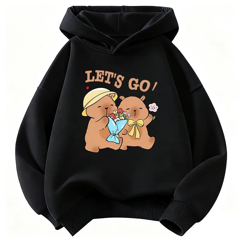 Fashion Kawaii Capybara Bow with Flower Kids Hooded Children's Sweatshirt Cute Hoody for Boys Girls Casual Hoodies Kids Clothing Top