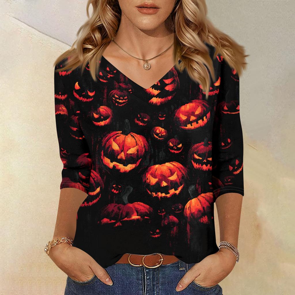 Women's Casual Halloween Print V Neck Top 3/4 Sleeve Lightweight Blouse for Fall Seasonal Wear Comfortable Fit
