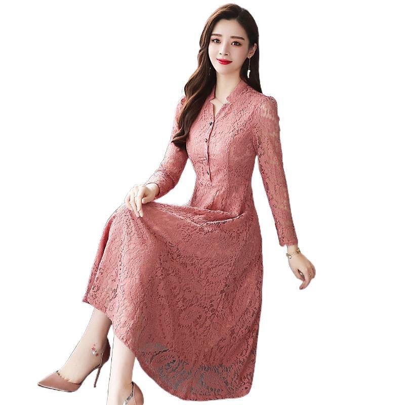 New Autumn Lace Slim Fit Long-Sleeved Solid Color Plus Size Dress for Women