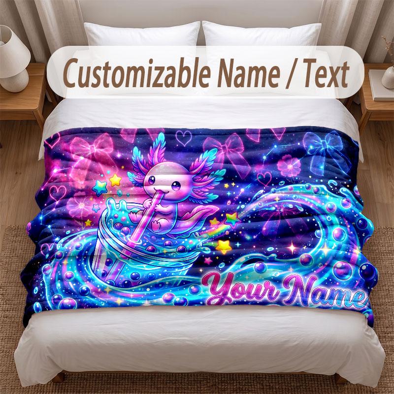Axolotl Theme Soft Blanket Personalized Custom Name Text Print Warm Blanket Home Sofa Bedroom Decor