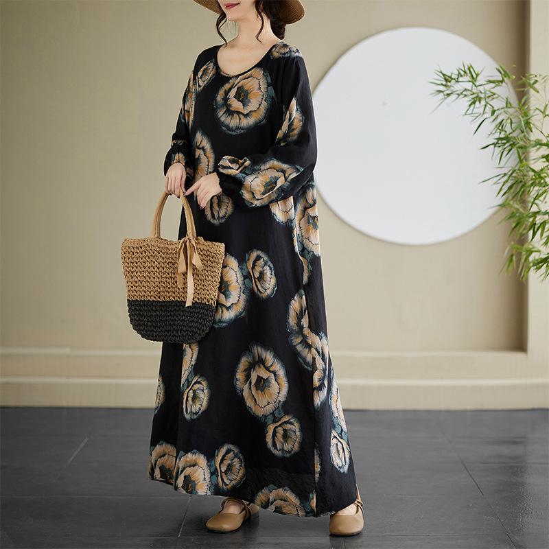 Herbstlich Lässig Künstlerisch Übergröße Locker Bedruckt Rundhals Langarmkleid für Frauen Kleider