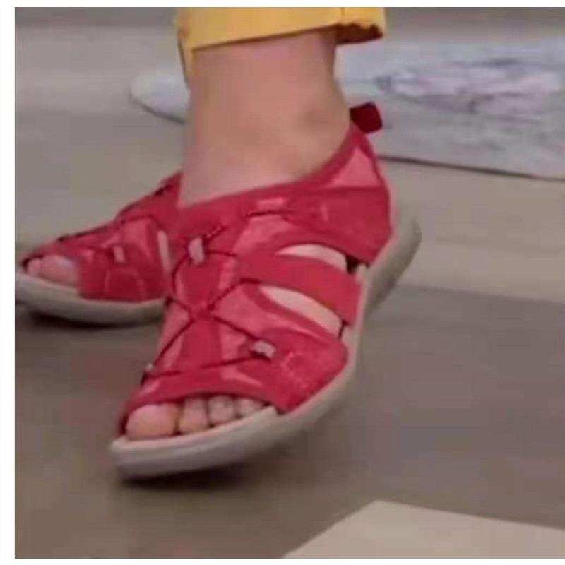 Large size beach, solid color new sandals one word round head Velcro sandals women's slope heel retro