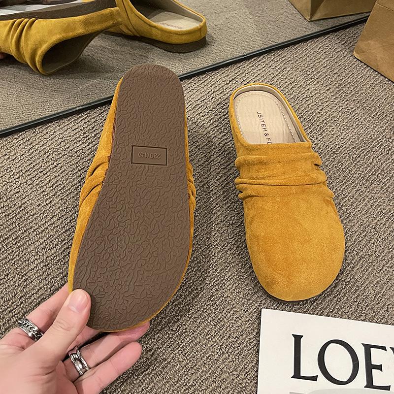 Fashion Aphixta Pleated Candy Color Flat Outside Woman Slippers Round Toe Low Heel Suede Slip On Half Slide Spring Summer Woman Shoes