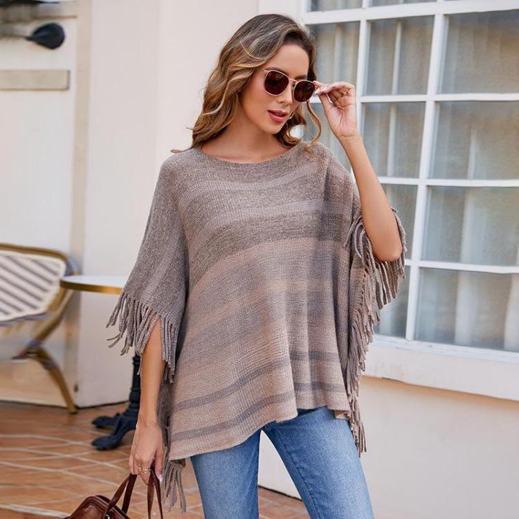 Women Autumn Winter Loose Knitwear Sweater O Neck Bat Sleeve Stripe Cardigan Cross Border Cloak