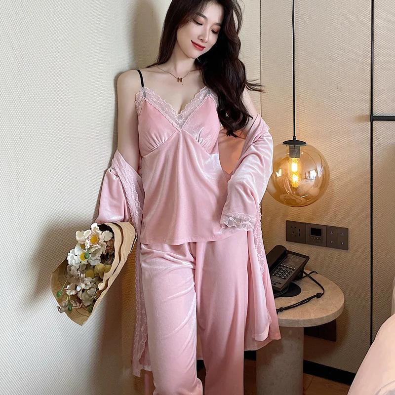 Women Velour Pajamas Set Red Lace 3PCS Sleepwear V-neck Bathrobe Suit Autumn New Arrival RobeTopsPants Casual Pijamas Home Clothes