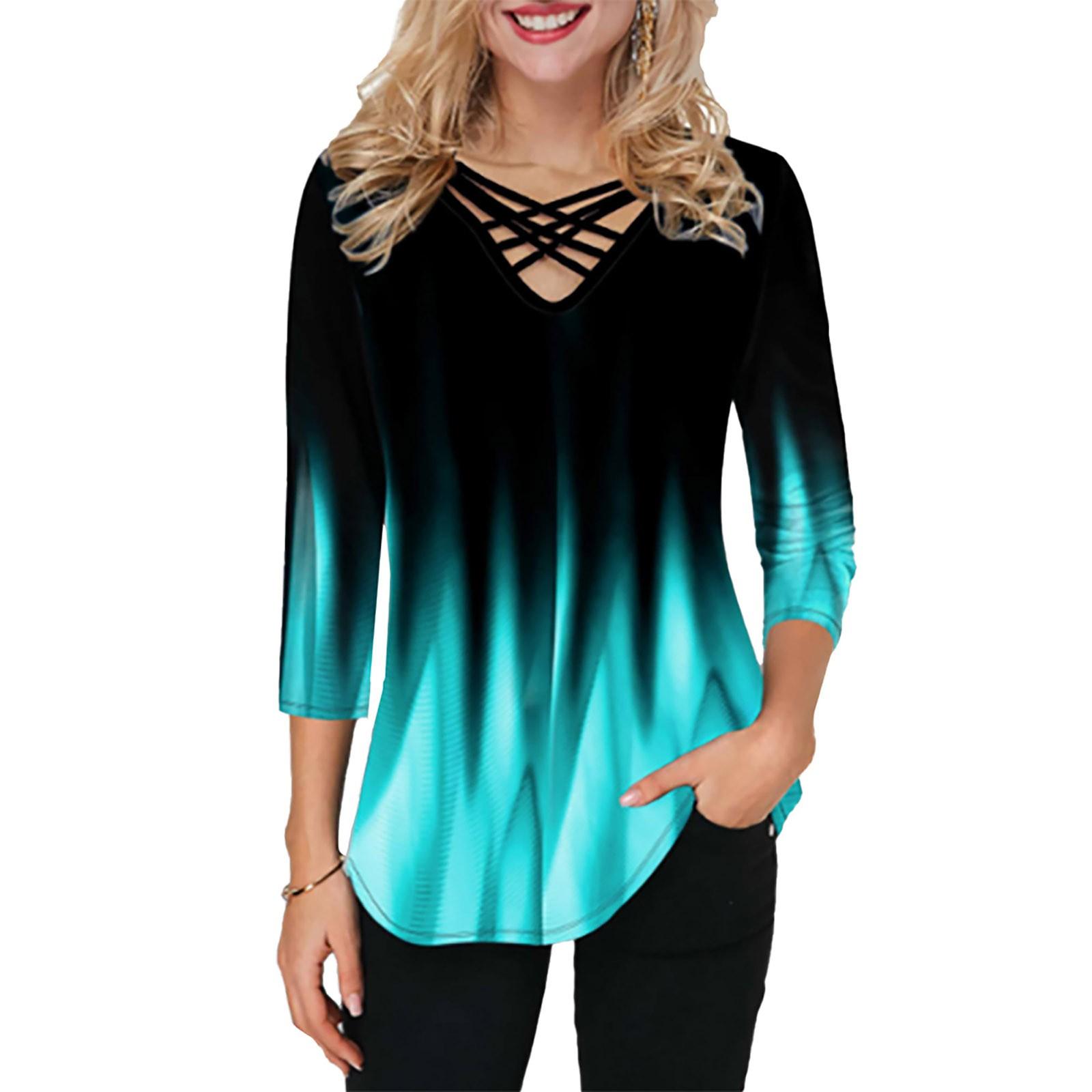 Ladies Casual Loose Pullover V-neck Loose Blouse  Pullover Printed T-Shirt L светло-синий