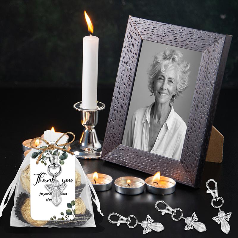 20 Set Funeral Favors, Celebration Of Life Favors Angel Keychains Organza Bags Sympathy Thank You Tags For Memorial Supplies