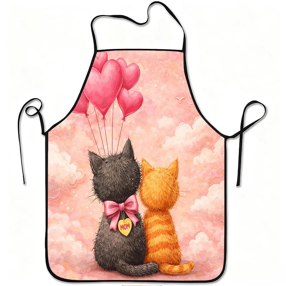 1pc Cute Cats Love Balloons MOM Heart Print Apron, Durable And Easy to Clean, Adjustable Waistband, Polyester Material, for Kitchen Cooking, Gardening