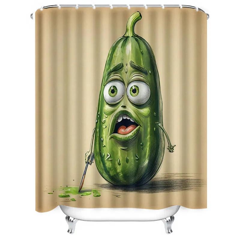 Artistic Green Pickle Shower Curtain with Painting Brush for Bathroom Decor Yellow Backdrop Waterproof Fabric Home Accessory