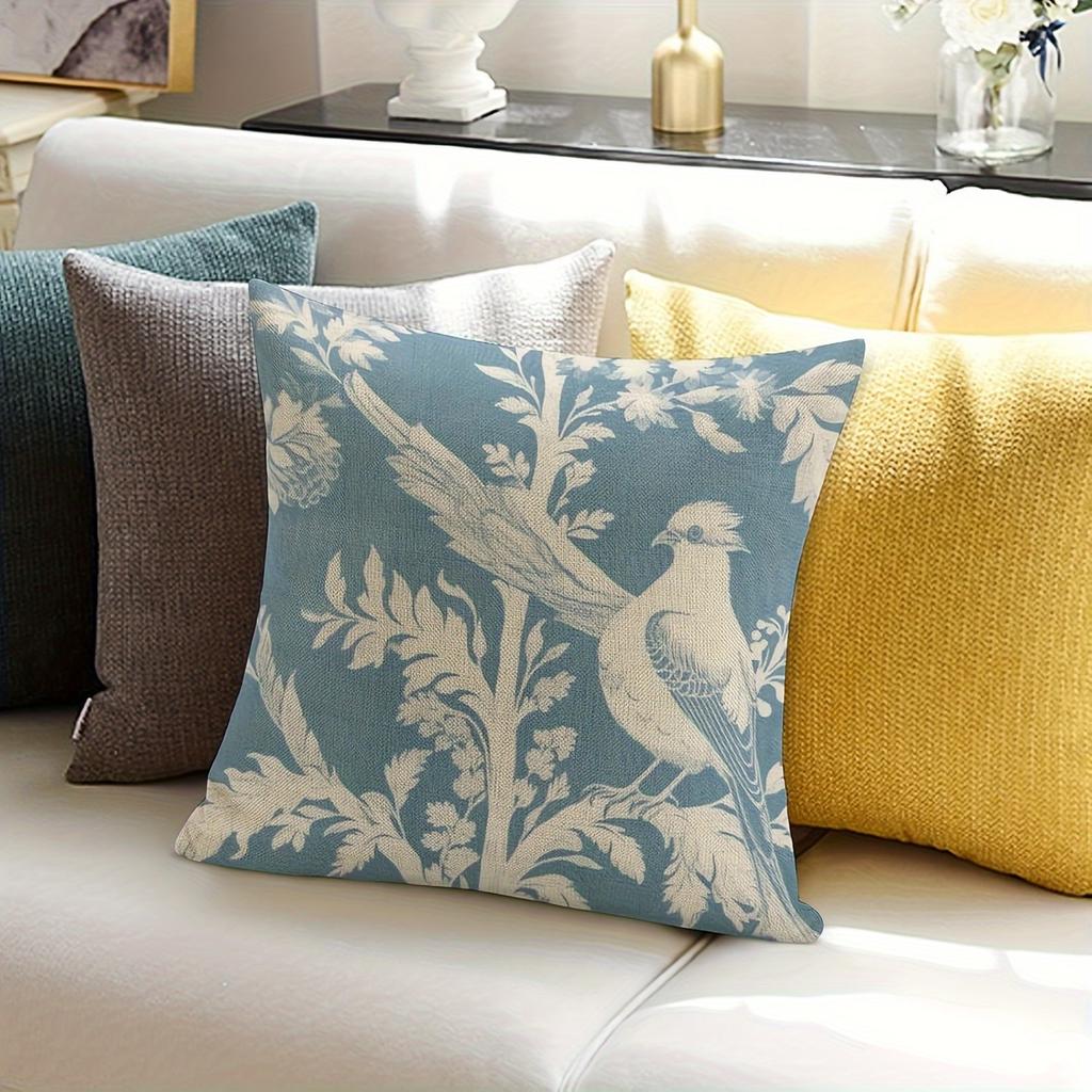 Double Sided Blue Toile De Jouy Bird Throw Pillow Cover Vintage Floral Botanical Print Decorative Cushion Cover For Home Decor