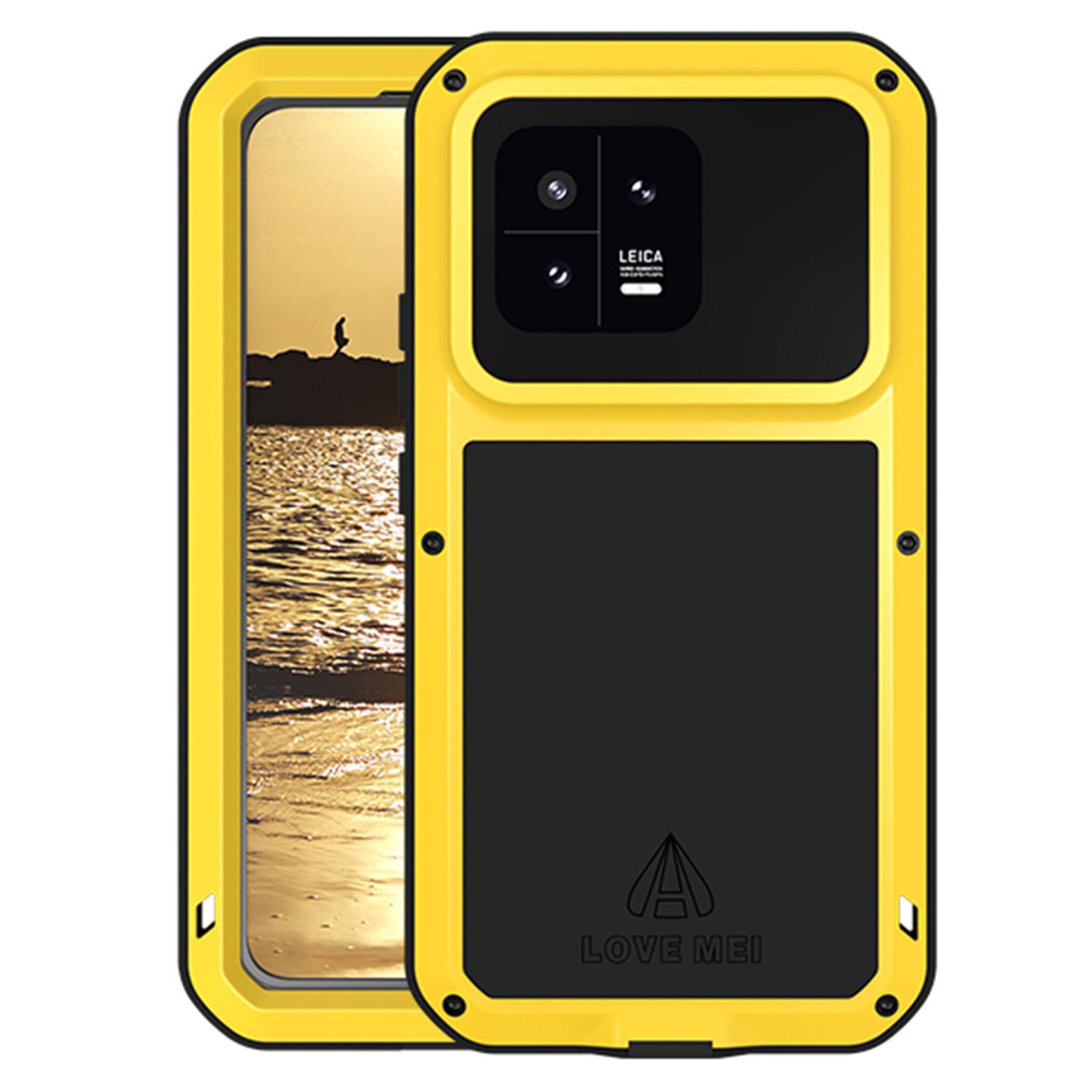 

LOVE MEI For Xiaomi 13 5G Anti-drop Phone Case Silicone+Metal Cover with Tempered Glass Film Yellow