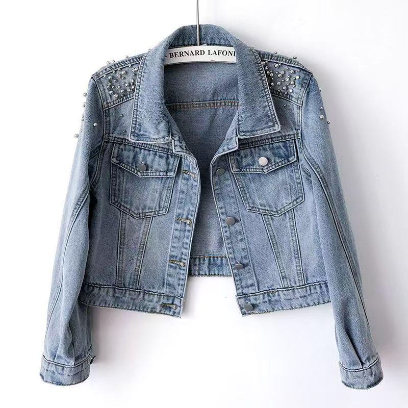

European-Style Beaded Rhinestone Denim Jacket for Women, Spring/Autumn 2025, High-End Cropped Design M