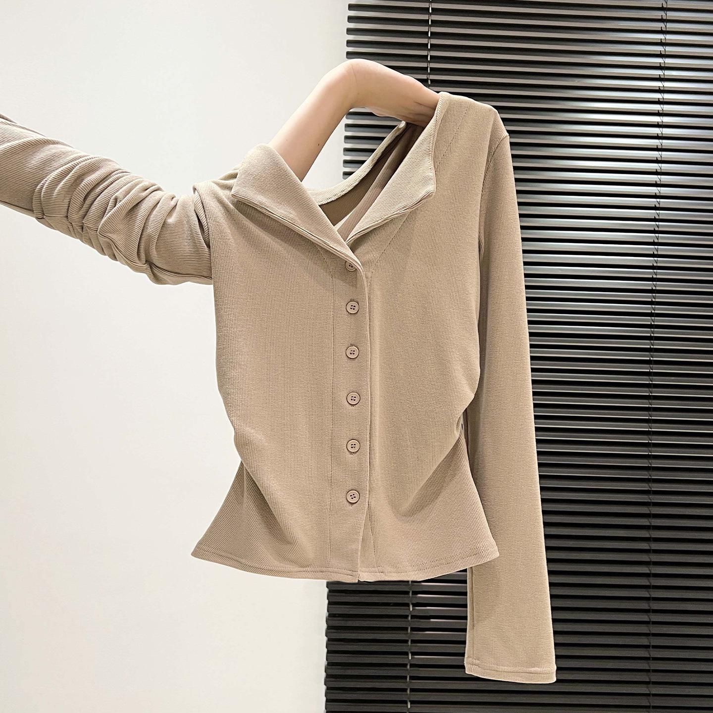 Elegant Slimming Lapel Button-Up Thermal Fleece Women s Long-Sleeve Top, 2025 Autumn/Winter Base Layer. XL