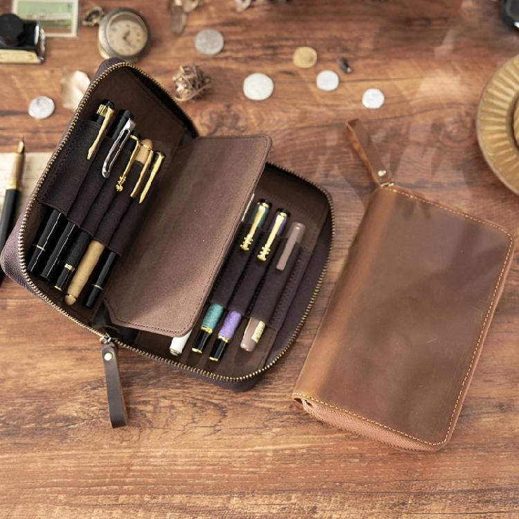 Leather Fountain Pen Case 10 Section Zippered Pencil Bag Fountain Pens Storage Pouches For School Office Supplies