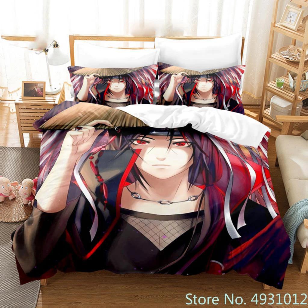 Anime Uchiha N-Naruto Uzumaki Red Cloud Bedding Sets Household Quilt Duvet Cover Itachi Home Textile Bed Suit Children Kids Gift