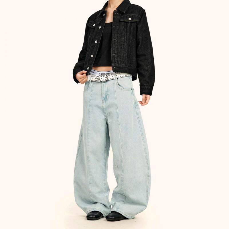 Ice Blue Retro Wide Leg Denim Pants Unisex Loose Fit High Street Style Cotton Blend Jeans