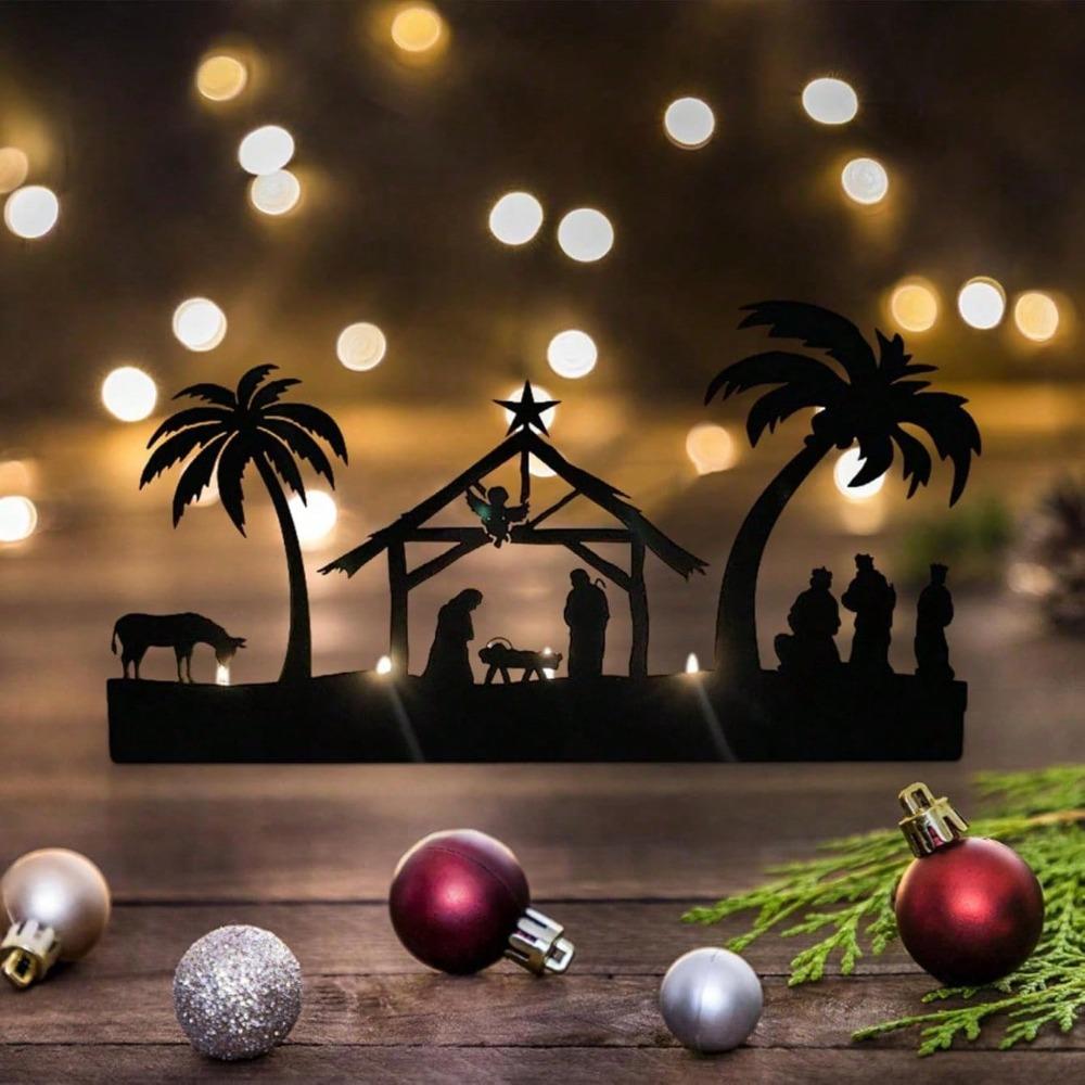 Metal Nativity Candle Holder, Christmas Advent Candlesticks, Rustic Jesus Scene Decoration for Home, Xmas Party Table Fireplace Mantel Decor