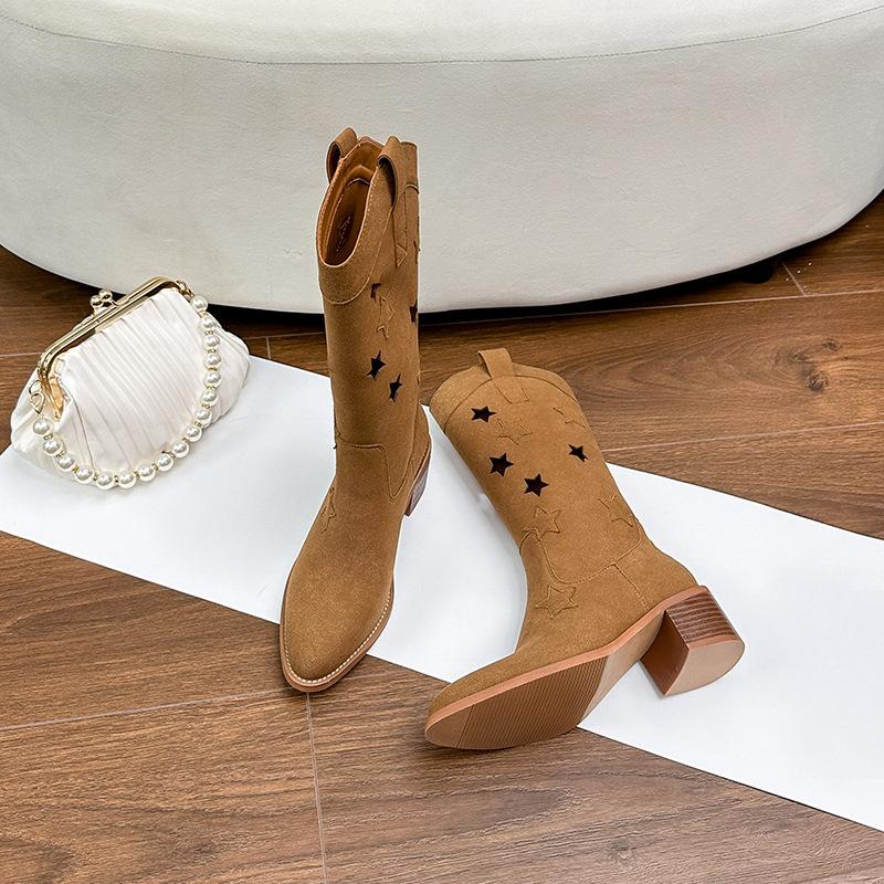 Western Cowboy Boots Women's Autumn New Hollow Thick Heel Retro Wind Matte Embroidered Medium Tube Breathable Boots