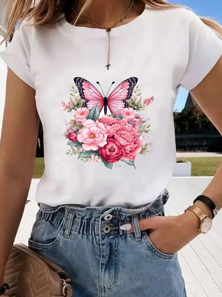 (Asian Size)  trend butterfly flower cute Graphic Tee Fashion T Clothing Women's Top  Print Female Casual  Short Sleeve T-shirts