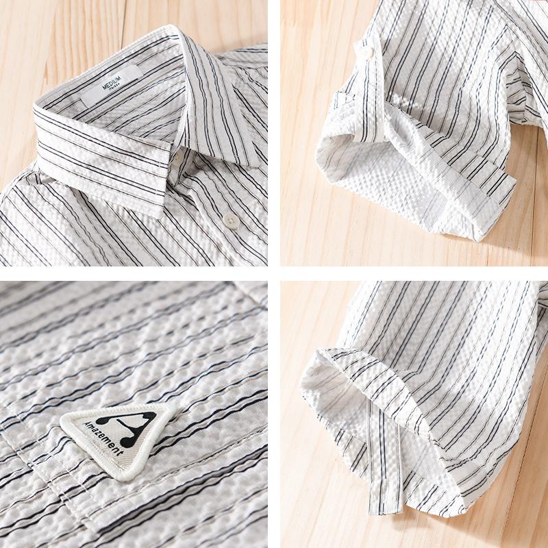 Summer Tops for Men Japan Retro Style Stripes Man Shirts Pocket Half Sleeve Butto Bubble Casual Shirt