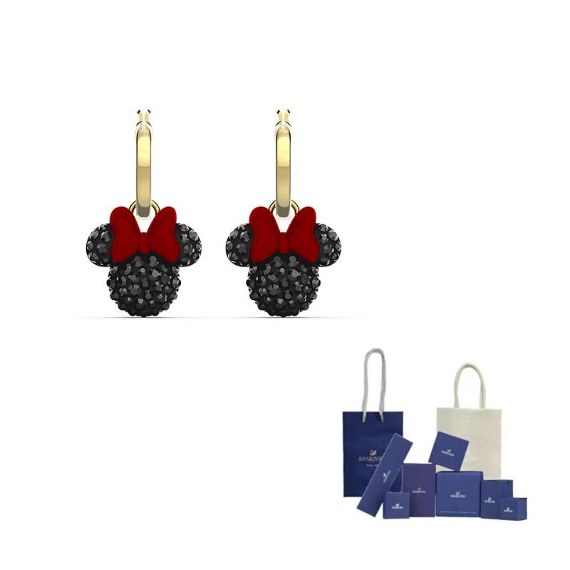 Swarovski Mickey Minnie Faux Crystal Stone Earrings Womens Black/Gold Color Original Brand Box And Bag