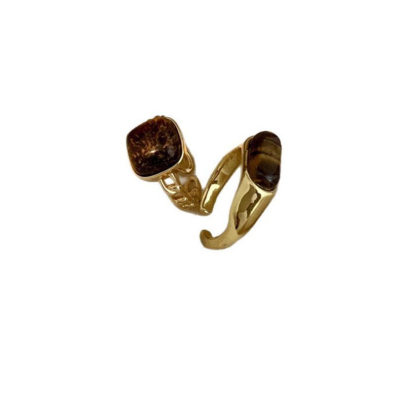Elegant Geometric Square Brown Stone Rings for Women Men Vintage Fashion Metal Opening Rings Birthday Gifts Jewelry Accessories