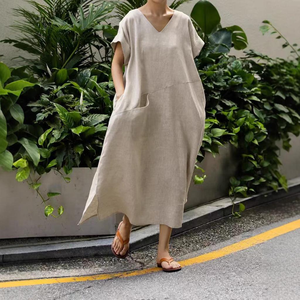 Japanese Retro Linen V-neck Dress with Big Pockets (2025 Collection)