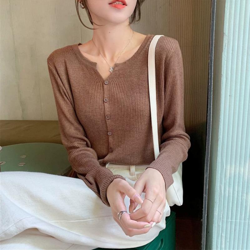 Fall Winter V Neck Knit Top Women Thin Long Sleeve Solid Short Cover Up Slim Sweater Cardigan Coat