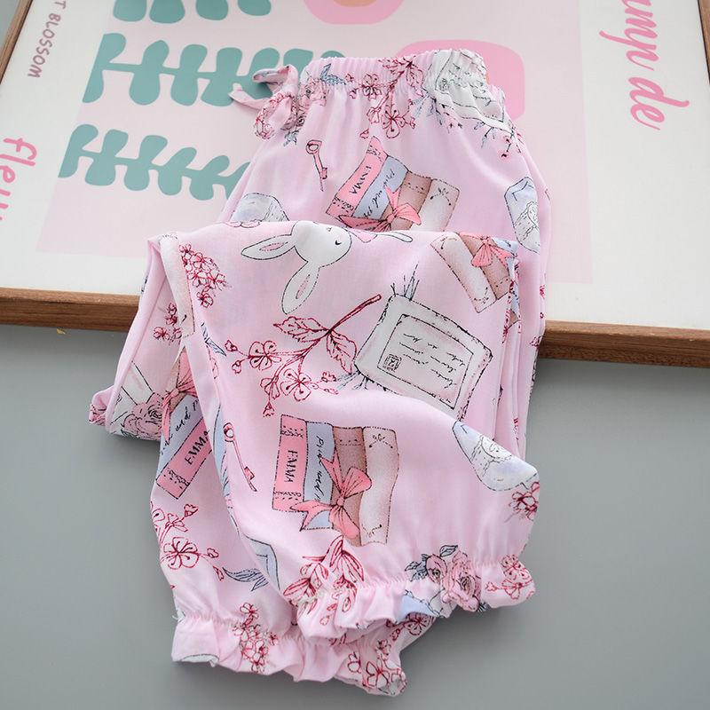 Sommer Mädchen Baumwolle und Seide Mückensichere Hose Dünn und Vielseitig Kinder Blumen Laternenhose Kunstbaumwolle Freizeithose