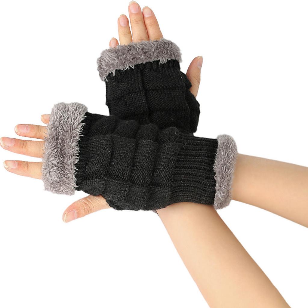 Women's Winter Fleece-lined Thickened Wool Gloves, Fingerless, Solid Color, Short Style Gloves