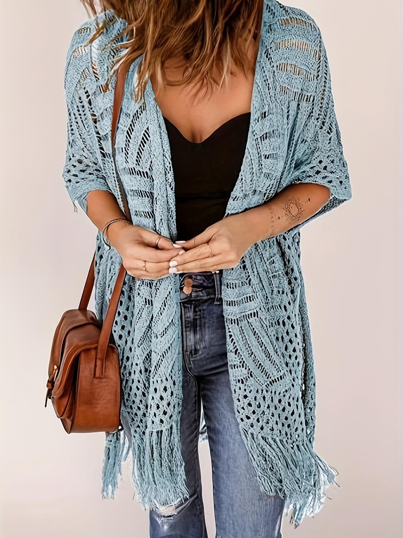 Damen Boho Häkel Cardigan Offene Vorderseite Fransen Kimono Langarm Strand Überwurf one size hellblaue