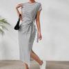 Women's Striped Midi Dress with Tie Waist and Side Slit