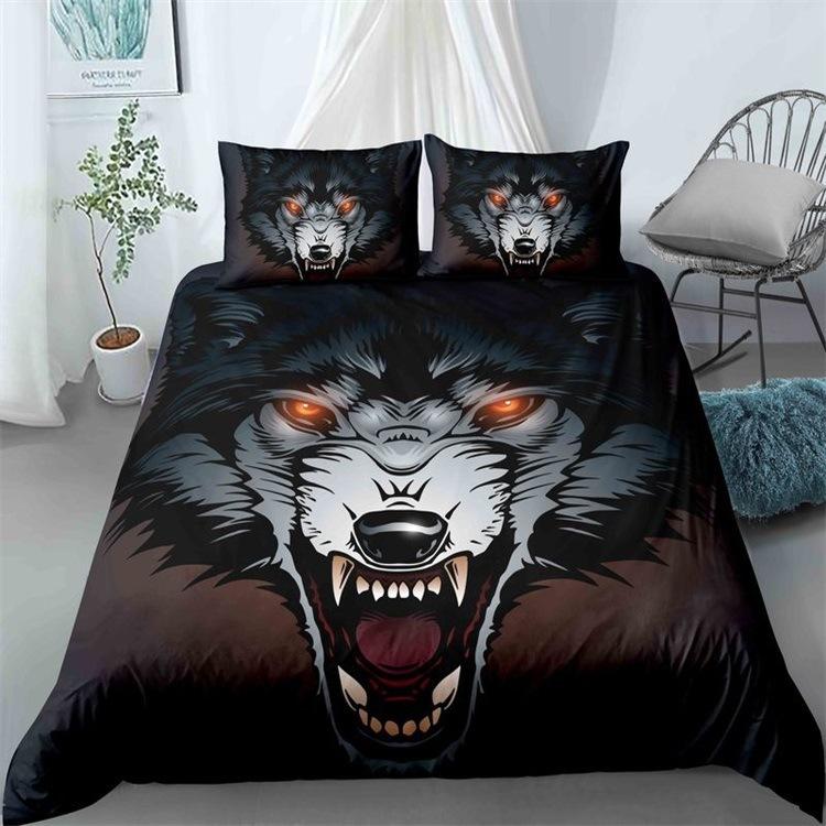Wolf Howl Under The Moon Three-Piece 3D Digital Printing Quilt Cover Pillowcase Bedding