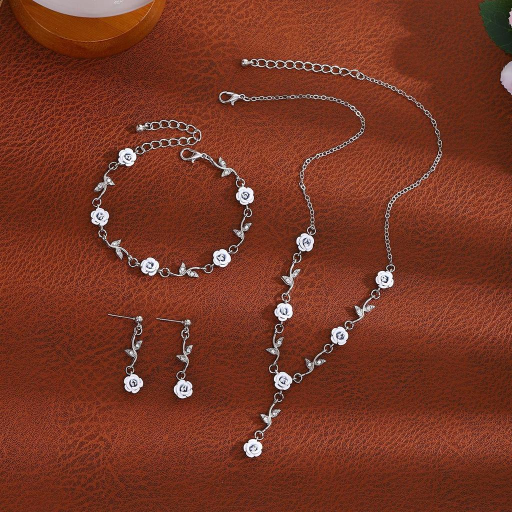 Elegant High-End Women's Retro Silver Fairy Jewelry Set: Black Knight Rose Earrings, Bracelet & Necklace