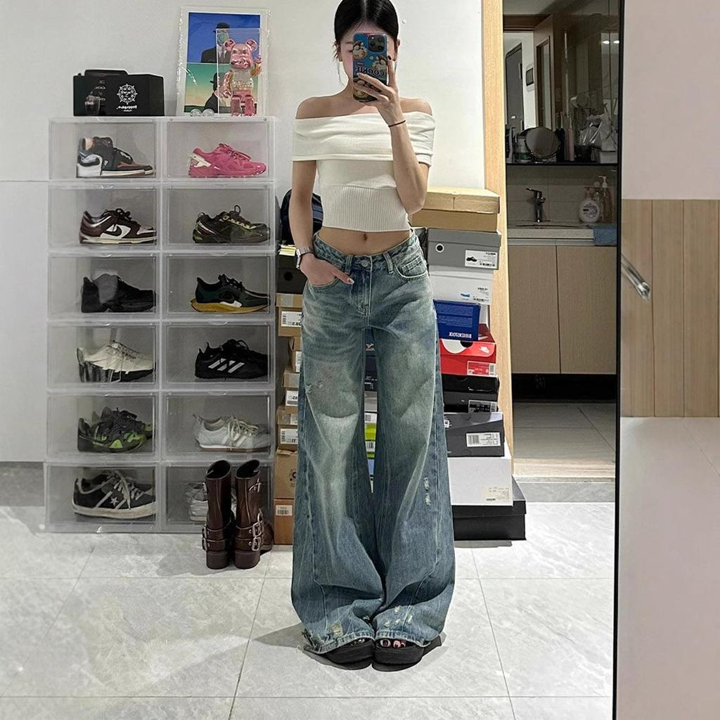 Women's Large Size Blue Abraded Micro-labelled Denim Trousers Straight Loose Pear Shaped Flesh Covering Wide Legged Dragging Floor Trousers